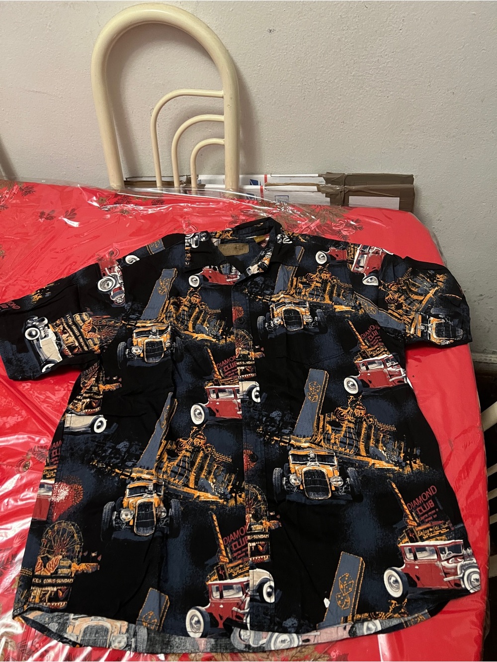 ClearWater AOP Classic Hot Rod  Cars Button Down  Short Sleeve Shirt Mens  Large